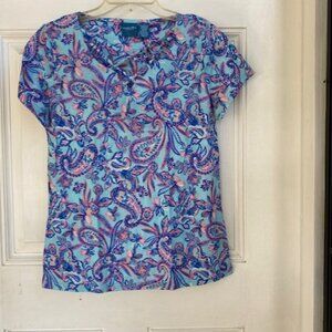 Caribbean Joe Top Blue Tropical Print V Neck Short Sleeve Popover Shirt NWT Sm